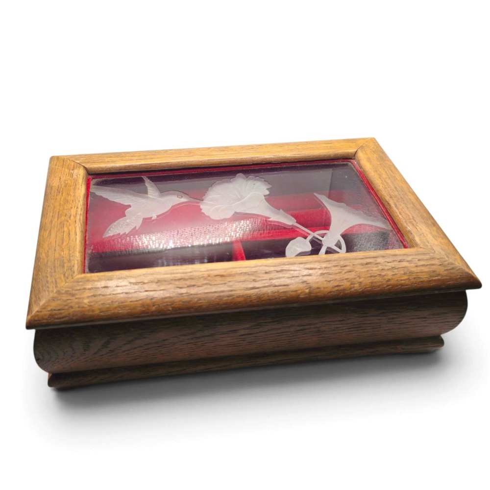Willits Co. Wood & Humming Bird Etched Glass Jewelry Music Box Beautiful Dreamer